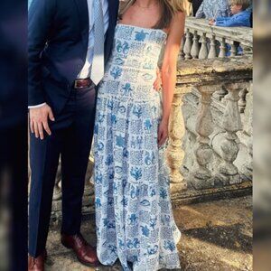 Agua by Agua Bendita Blue Lima Tiered Printed Linen Maxi Dress